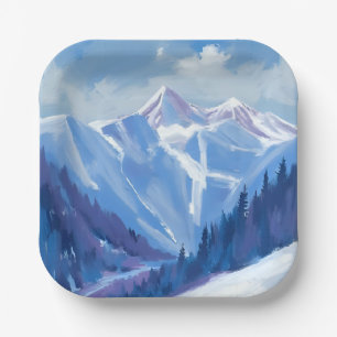 Ski Mountain Blue Watercolor Mountain Range Paper Plates