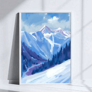 Ski Mountain Blue Watercolor Mountain Range Poster