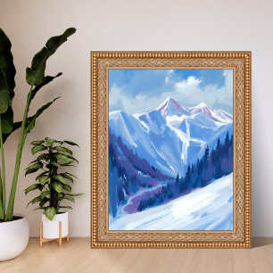 Ski Mountain   Blue Watercolor Mountain Range Poster