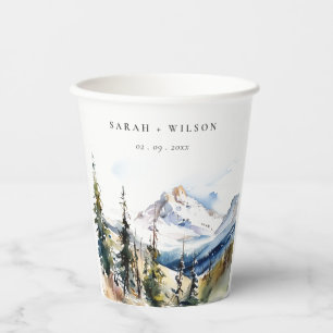 Ski Mountain Telluride Colorado Watercolor Wedding Paper Cups