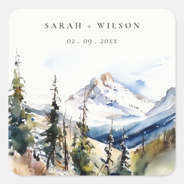 Ski Mountain Telluride Colorado Watercolor Wedding Square Sticker (Front)