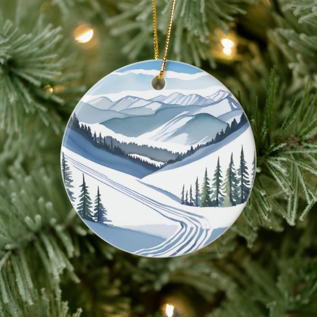 Ski Mountain Watercolor Ceramic Ornament (Tree)