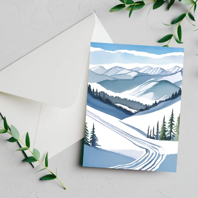 Ski Mountain Watercolor Holiday Card (Creator Uploaded)