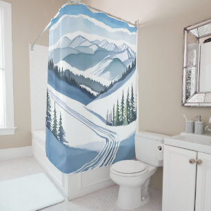 Ski Mountain Watercolor Shower Curtain