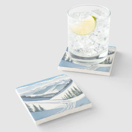 Ski Mountain Watercolor Stone Coaster