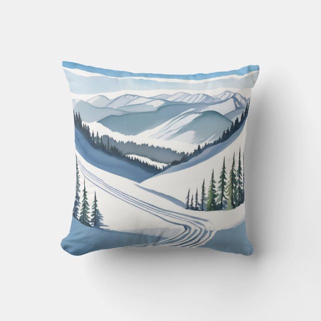 Ski Mountain Watercolor Throw Pillow (Front)