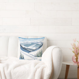 Ski Mountain Watercolor Throw Pillow