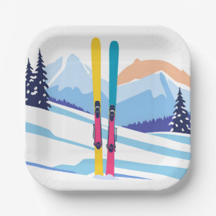 Ski Mountain Watercolor Winter Paper Plates