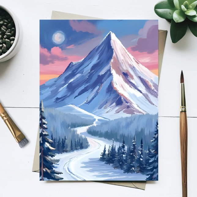 Ski Mountain Winter Nature Landscape Painting Postcard (Creator Uploaded)
