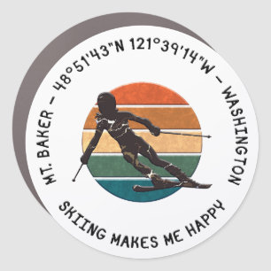 Ski Mt. Baker, Washington - Lady Skier, Black Text Car Magnet
