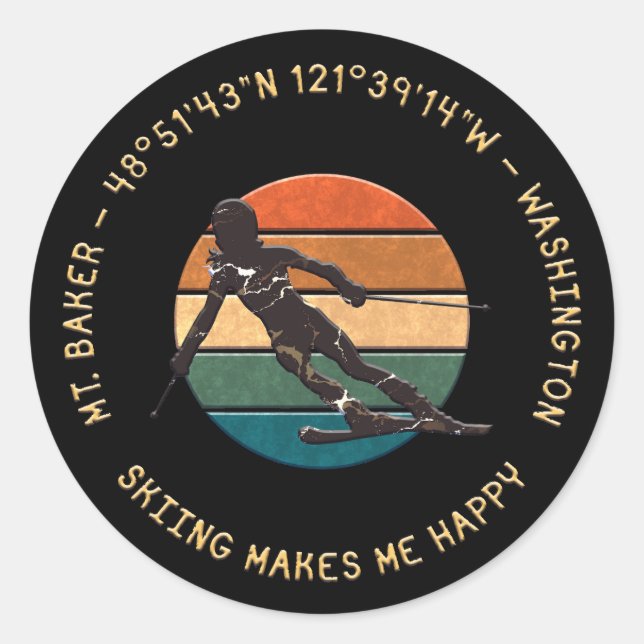 Ski Mt. Baker, Washington - Lady Skier Yellow Text Classic Round Sticker (Front)