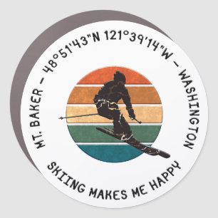 Ski Mt. Baker, Washington - Man Skier, Black Text Car Magnet