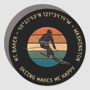 Ski Mt. Baker, Washington - Man Skier, Yellow Text Car Magnet