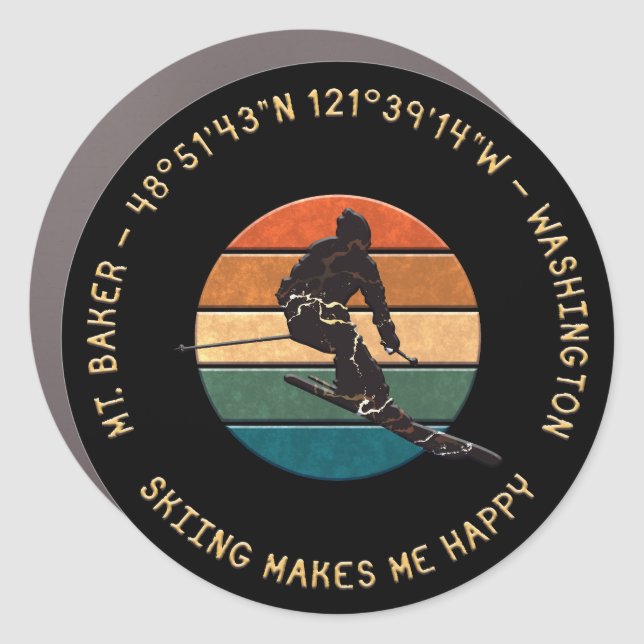 Ski Mt. Baker, Washington - Man Skier, Yellow Text Car Magnet (Front)
