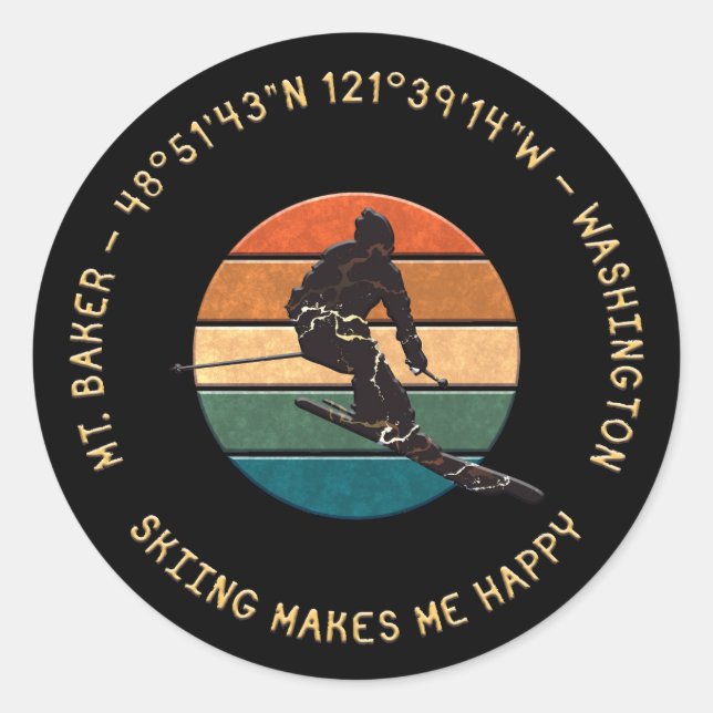 Ski Mt. Baker, Washington - Man Skier, Yellow Text Classic Round Sticker (Front)