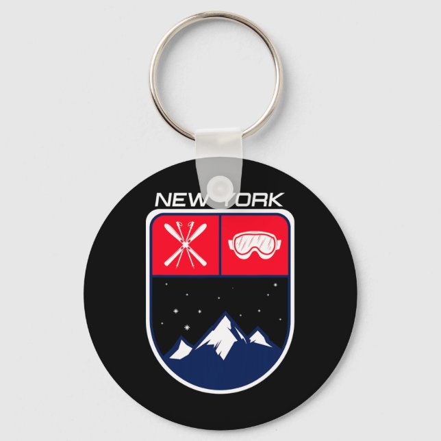 Ski New York Mountain Skiing Trail Skier Goggle Po Keychain (Front)