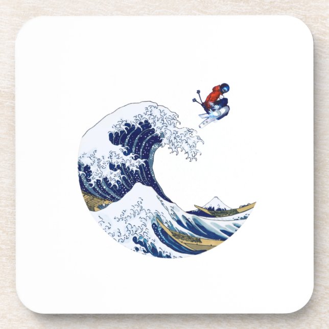 Ski on The Great Wave of Kanagawa Japanese  Beverage Coaster (Front)