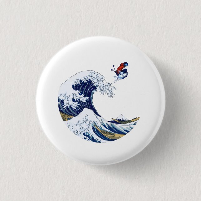 Ski on The Great Wave of Kanagawa Japanese  Button (Front)