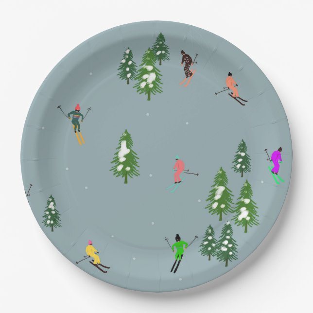  Ski Opening Christmas Skiing Holiday Skiers Blue  Paper Plates (Front)
