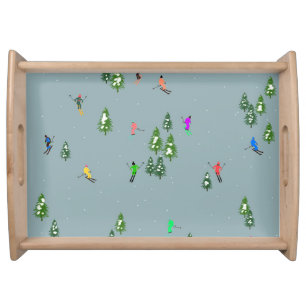 Ski Opening Christmas Skiing Holiday Skiers Blue Serving Tray