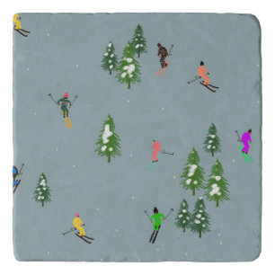 Ski Opening Christmas Skiing Holiday Skiers Blue  Trivet