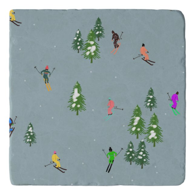  Ski Opening Christmas Skiing Holiday Skiers Blue  Trivet (Front)
