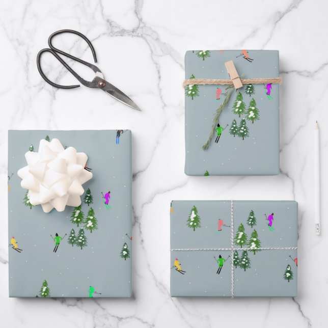  Ski Opening Christmas Skiing Holiday Skiers Blue Wrapping Paper Sheets (Front)