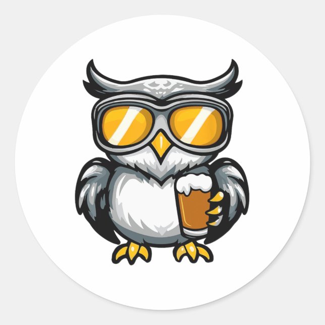 Ski Owl With Beer Apres Ski Comic  Classic Round Sticker (Front)