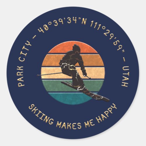 Ski Park City Utah _ Man Skier Golden Text Classic Round Sticker