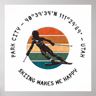 Ski Park City, Utah - Woman Skier, Black Text