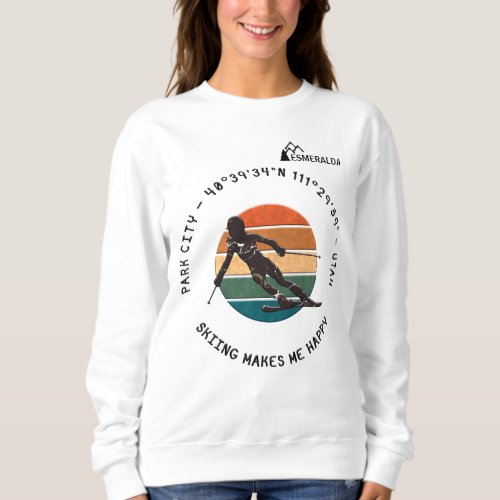 Ski Park City Utah _ Woman Skier Black Text Sweatshirt