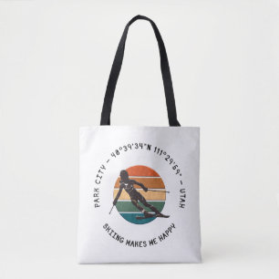 Ski Park City, Utah - Woman Skier, Black Text Tote Bag