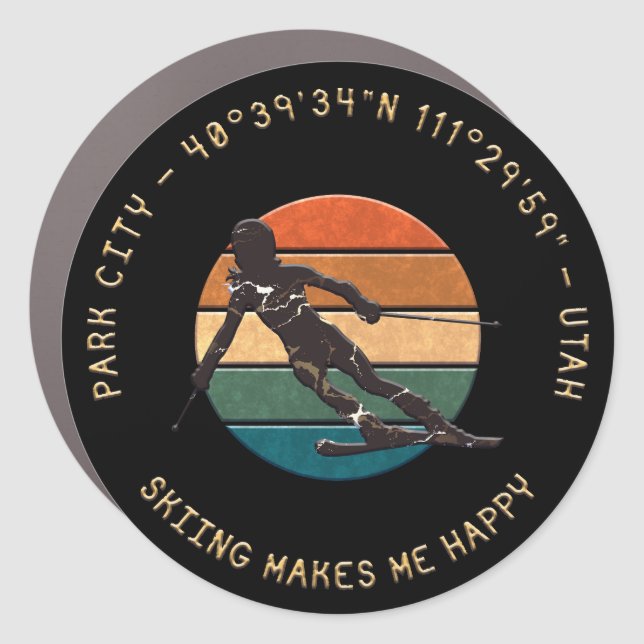 Ski Park City, Utah - Woman Skier, Golden Text Car Magnet (Front)