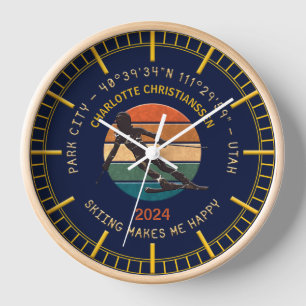 Ski Park City, Utah - Woman Skier, Golden Text Clock