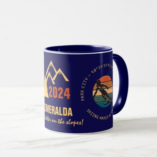 Ski Park City Utah _ Woman Skier Golden Text Mug