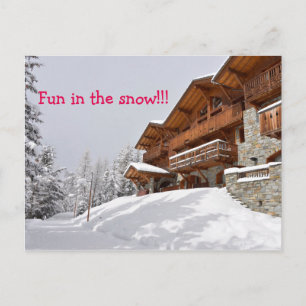 Ski resort chalet text postcard