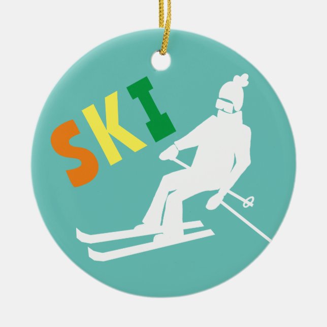 Ski Retro Skier Winter Teal White  Ceramic Ornament (Front)
