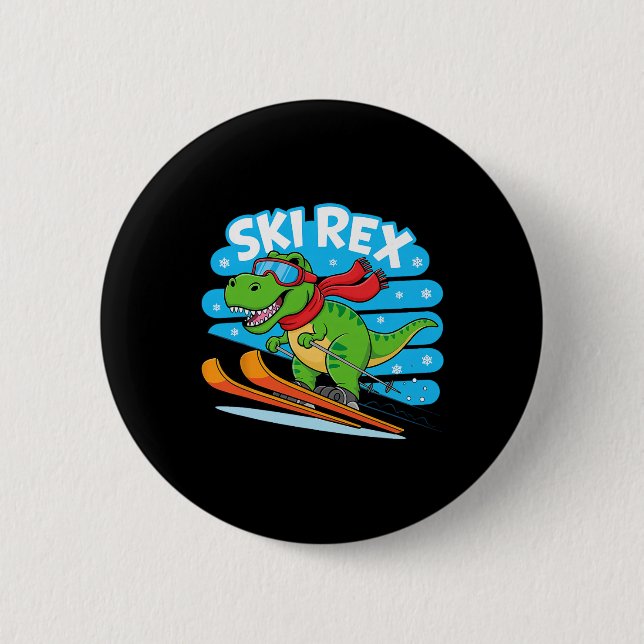 Ski Rex Funny Skiing Dinosaur Winter Sports Design Button (Front)