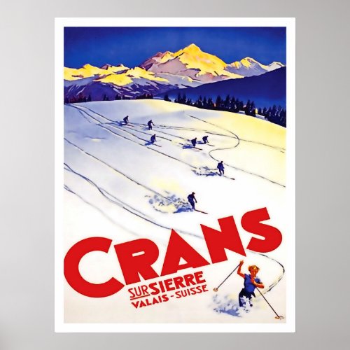 Ski_run in Crans hill Switzerland vintage travel Poster