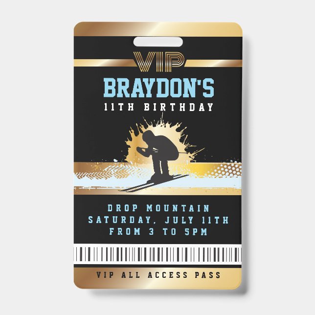 SKI SKIER MOUNTAIN Birthday ALL ACCESS Gold Pass Badge (Front)