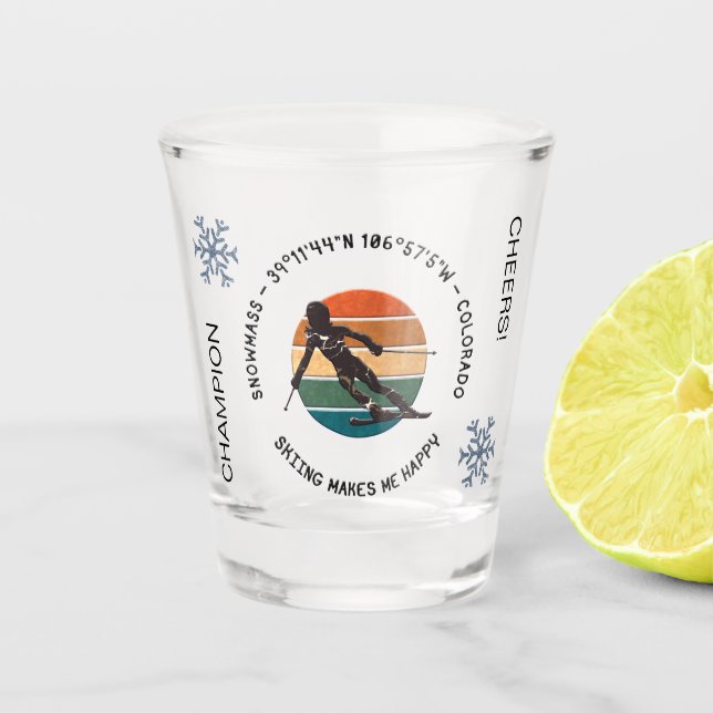 Ski Snowmass, Colorado - Woman Skier, Black Text Shot Glass (Front)