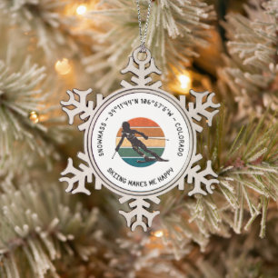 Ski Snowmass, Colorado - Woman Skier, Black Text Snowflake Pewter Christmas Ornament