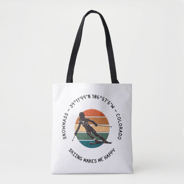 Ski Snowmass, Colorado - Woman Skier, Black Text Tote Bag (Front)