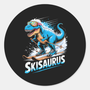 Ski t-rex winter sport skier dino funny skiing classic round sticker