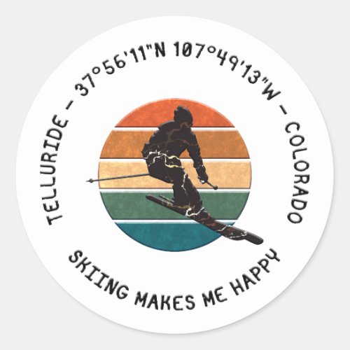 Ski Telluride Colorado _ Man Skier Black Text Classic Round Sticker