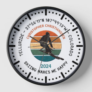 Ski Telluride, Colorado - Man Skier, Black Text Clock