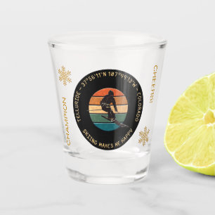 Ski Telluride, Colorado - Man Skier, Yellow Text Shot Glass