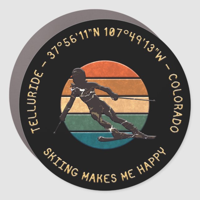 Ski Telluride, Colorado - Woman Skier, Golden Text Car Magnet (Front)