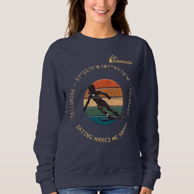 Ski Telluride, Colorado - Woman Skier, Yellow Text Sweatshirt (Front)