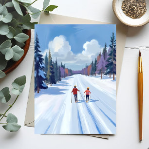 Ski Trail   Mountain Skiing Watercolor Winter Postcard
